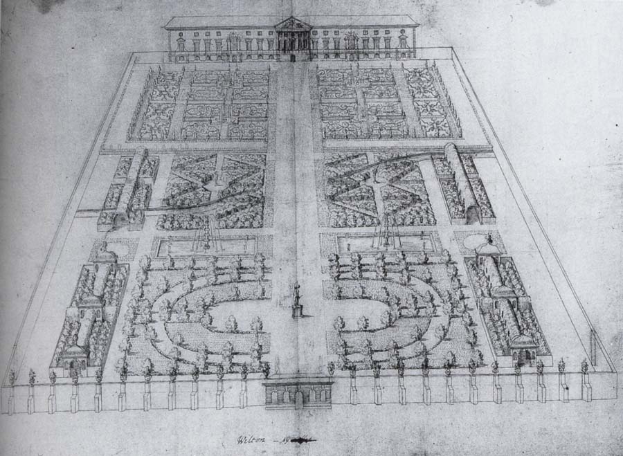 View of the garden at Wilton,with the great classical villa as originally envisaged